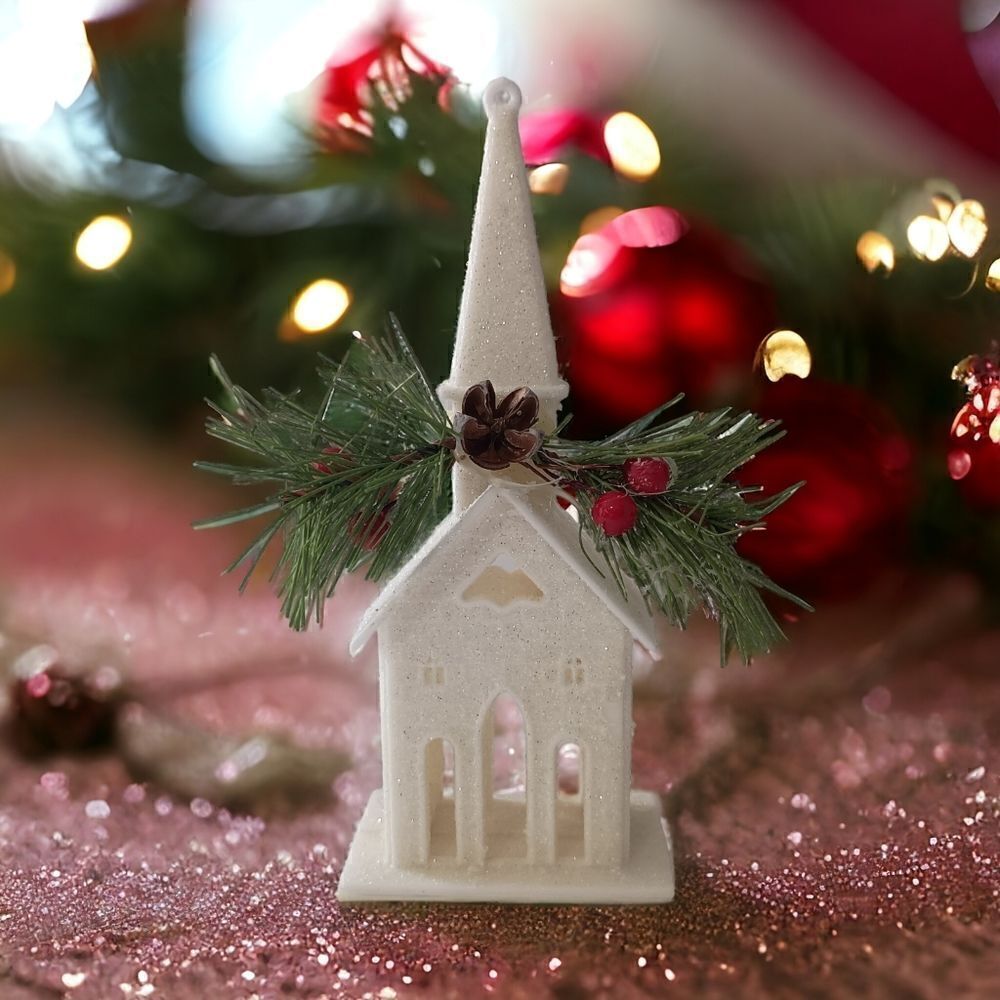 Vintage Plastic Church Ornament Kitschy‎ Sugar Coated Christmas Glittery Pine